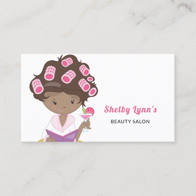 Cute Pink Girl With Curlers Hair and Beauty Salon Business Card (Front)