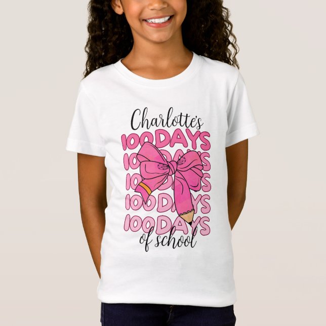 Cute Pink Girls 100 Days of School Pencil Bow T-Shirt (Front)