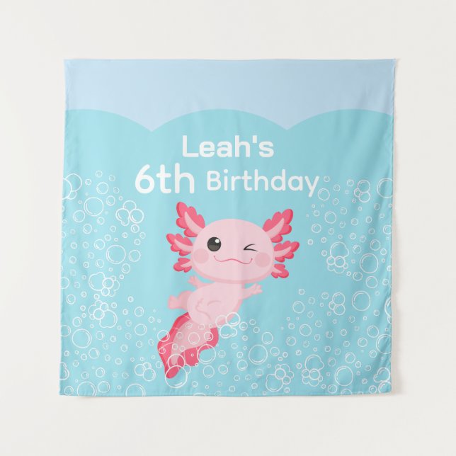 Cute Pink Girls Axolotl Birthday Party Tapestry (Front)