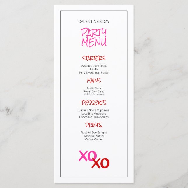 Cute Pink Girls Night Out Galentine's Day Party Menu (Front)