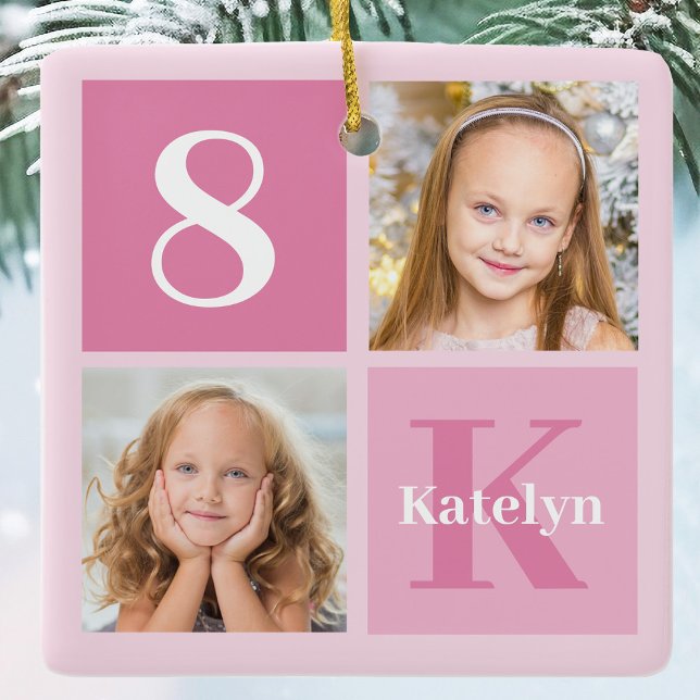 Cute Pink Girls Photo Collage Personalized Ceramic Ornament (Creator Uploaded)