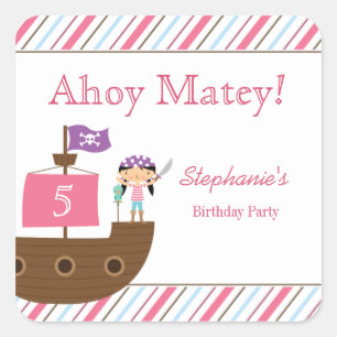 Cute pink girl's pirate birthday party stickers