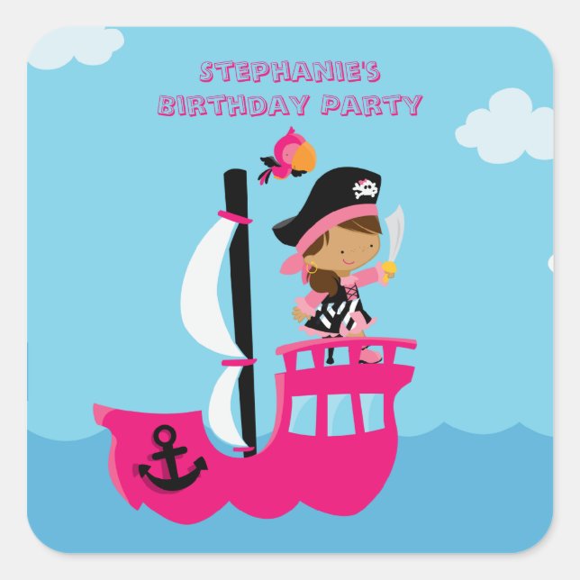 Cute pink girl's pirate birthday party stickers (Front)