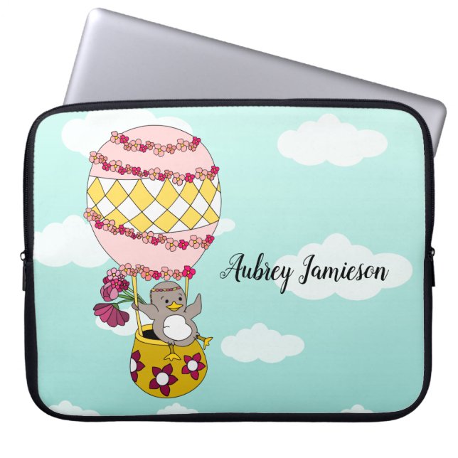 Cute Pink Girly Boho Flower Bird Hot Air Balloon Laptop Sleeve (Front)