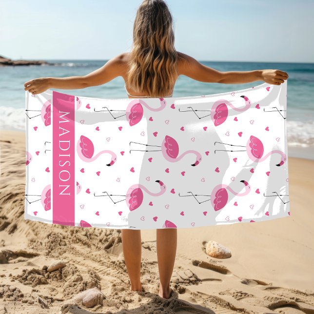 Cute Pink Girly Flamingo Love Heart Personalised Beach Towel (Creator Uploaded)