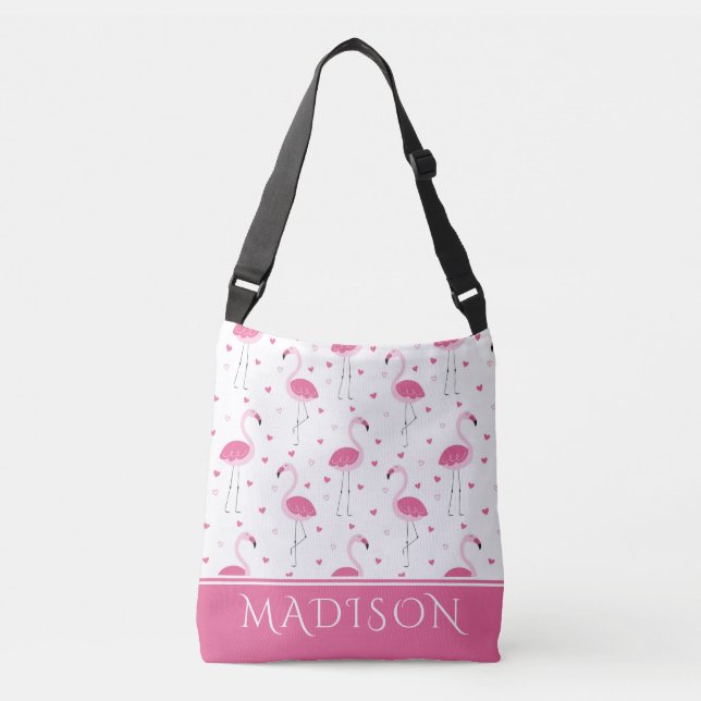 Cute Pink Girly Flamingo Love Heart Personalised Crossbody Bag (Front)