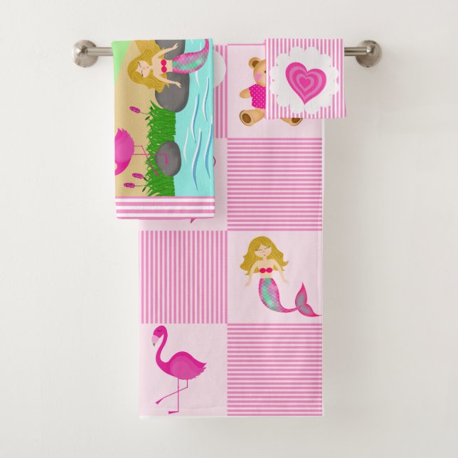 Cute Pink Girly Mermaid Colourful Rainbow Bath Towel Set (Insitu)