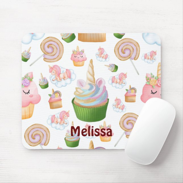 Cute Pink Girly Name Cupcake Unicorn Pattern Mouse Pad (With Mouse)