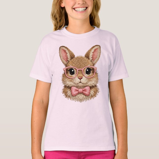 Cute Pink Glasses Bunny | Rabbit Embroidery Look - T-Shirt (Front)
