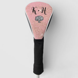 Cute Pink Glitter Cat Monogram Golf Head Cover