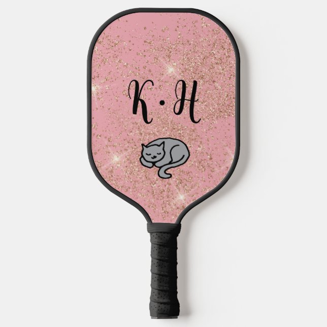 Cute Pink Glitter Cat Monogram Pickleball Paddle (Front)
