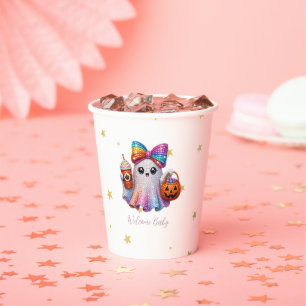 Cute Pink Glitter Ghost with Bow Halloween Acrylic Paper Cups