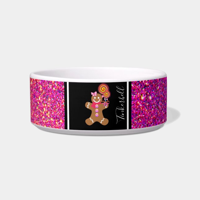 Cute Pink Glitter Gingerbread Girl Customised Dog Bowl (Front)