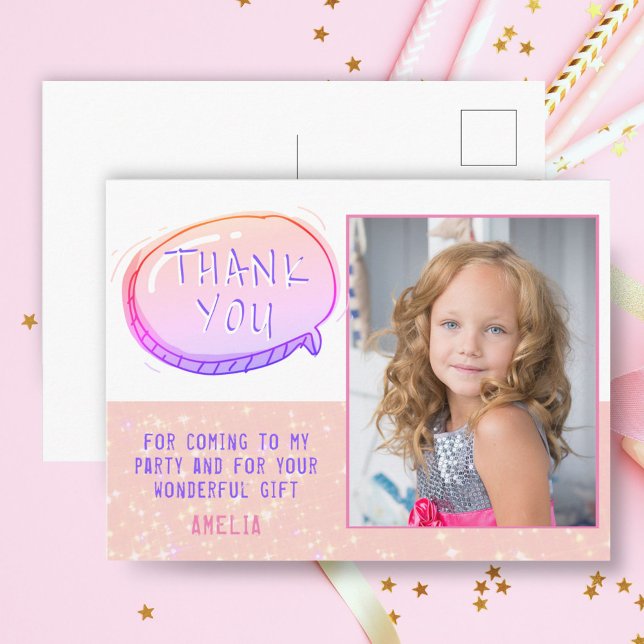 Cute Pink Glitter Girly Birthday Thank you Photo Postcard (Creator Uploaded)