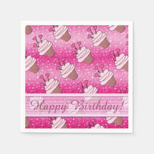 Cute Pink Glitter Heart Cupcakes Birthday Napkins