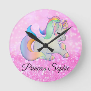 Cute  pink  glitter unicorn monogram round clock