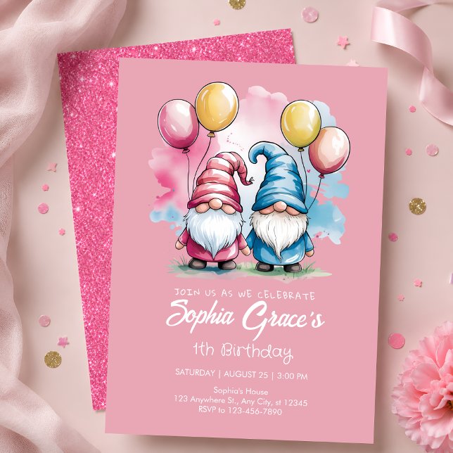 Cute Pink Gnome 1st Birthday Invitation (Creator Uploaded)