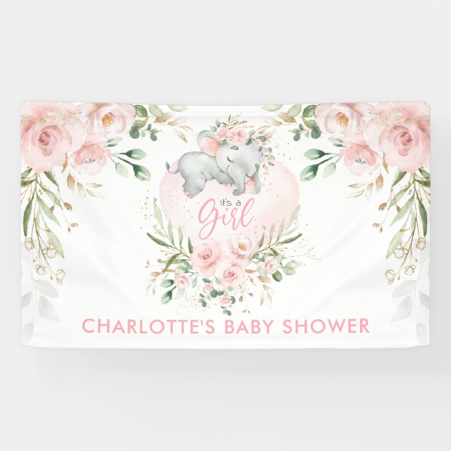 Cute Pink Gold Blush Floral Elephant Baby Shower Banner (Horizontal)