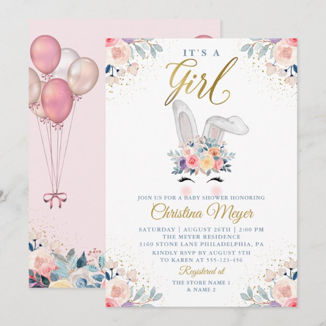 Cute Pink Gold Bunny Floral Balloon Baby Shower Invitation (Front/Back)