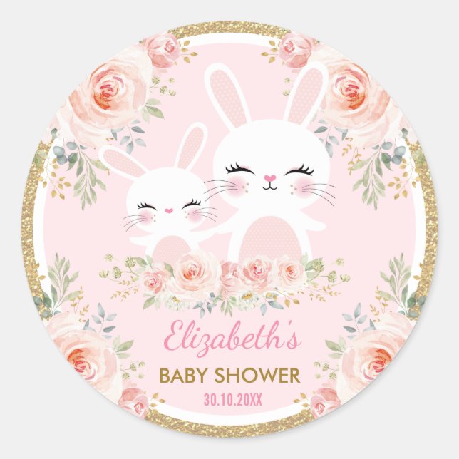 Cute Pink Gold Bunny Rabbit Baby Shower Decoration Classic Round Sticker (Front)