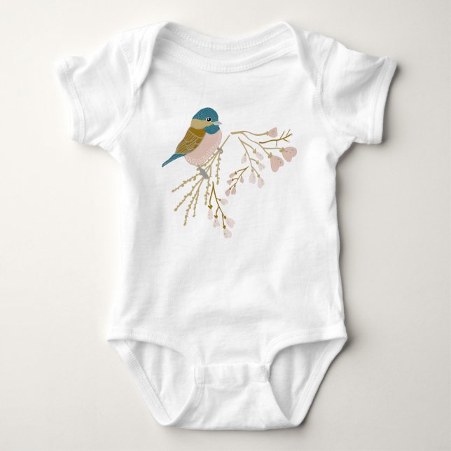 Cute Pink Gold Chickadee Bird Floral Hearts Baby Bodysuit (Front)