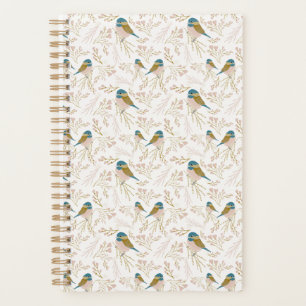 Cute Pink Gold Chickadee Bird Floral Hearts Planner