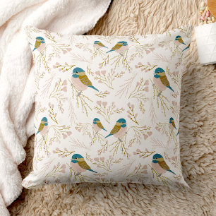 Cute Pink Gold Chickadee Bird Floral Hearts Print  Cushion