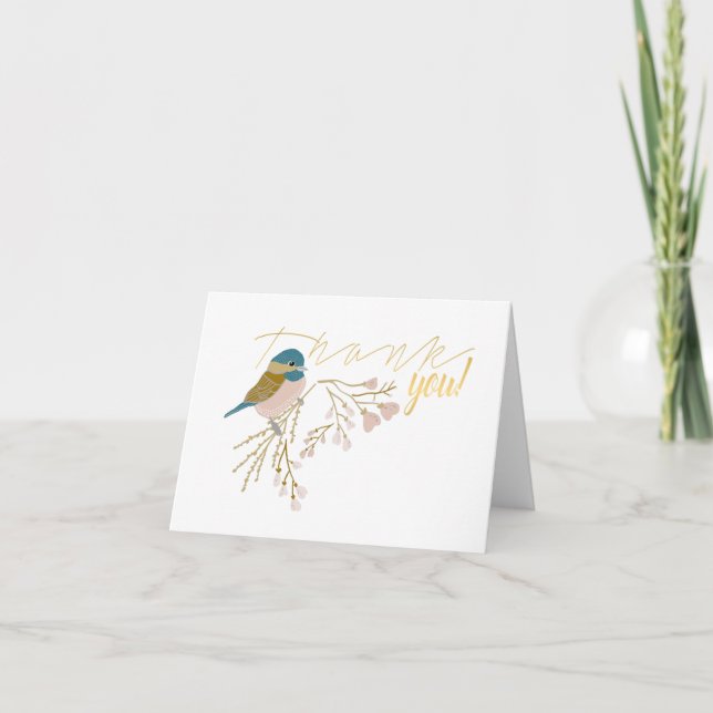 Cute Pink Gold Chickadee Bird Floral Hearts Print  Thank You Card (Front)