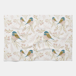 Cute Pink Gold Chickadee Floral Hearts Tea Towel
