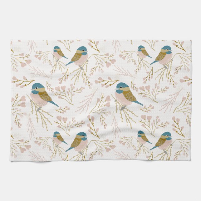 Cute Pink Gold Chickadee Floral Hearts Tea Towel (Horizontal)