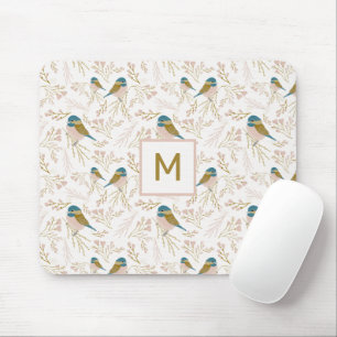 Cute Pink Gold Chickadee Hearts Floral Initial Mouse Pad