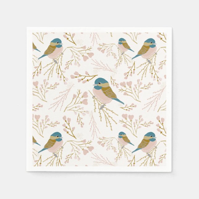 Cute Pink Gold Chickadee Hearts Floral Napkin (Front)
