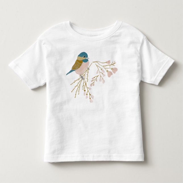 Cute Pink Gold Chickadee Hearts Floral Toddler T-Shirt (Front)