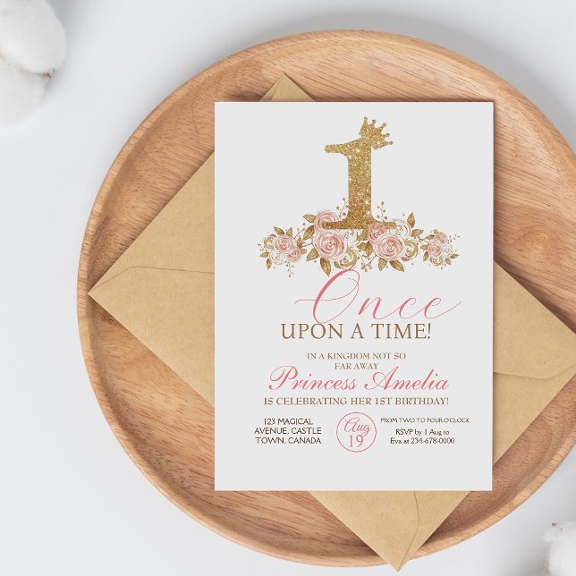 Cute Pink Gold Crown Princess First Birthday Invitation (Creator Uploaded)