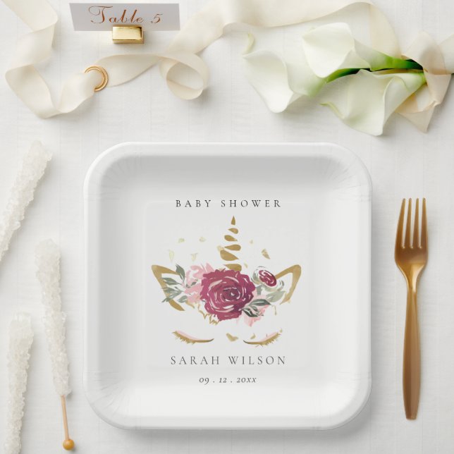 Cute Pink Gold Faux Floral Unicorn Baby Shower Paper Plate (Wedding)