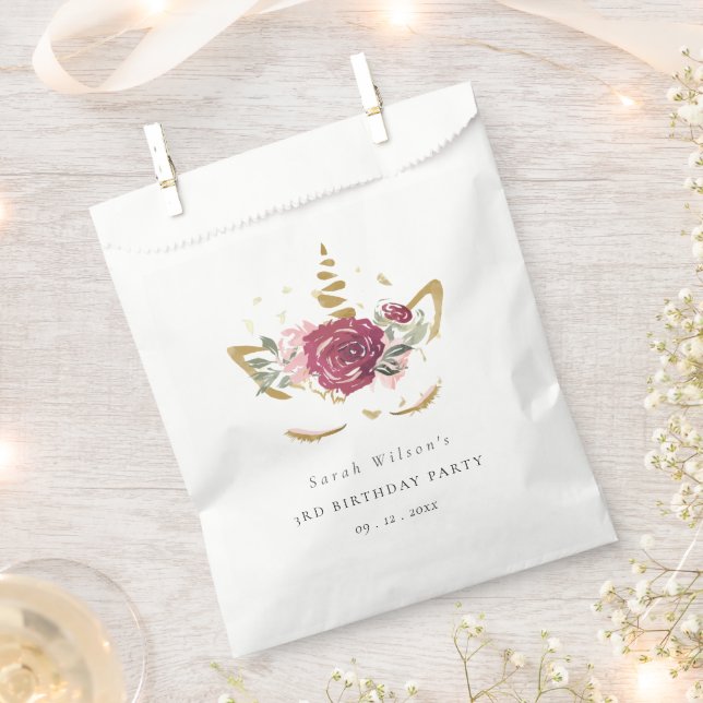 Cute Pink Gold Floral Unicorn Any Age Birthday  Favour Bags (Clipped)