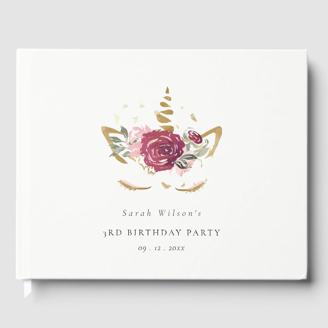 Cute Pink Gold Floral Unicorn Any Age Birthday Guest Book (Front)