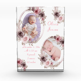 Cute Pink Gold Floral Watercolor Baby Girl Photo  Block