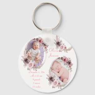 Cute Pink Gold Floral Watercolor Baby Girl Photo Key Ring