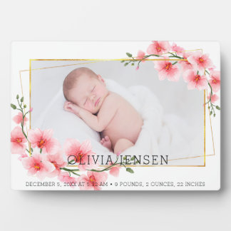 Cute Pink Gold Floral Watercolor Baby Girl Photo Plaque