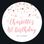 Cute Pink Gold Glitter Confetti Dots Kids Birthday Classic Round Sticker<br><div class="desc">Blush Pink Gold Glitter Sparkle Confetti Birthday Favour Sticker</div>