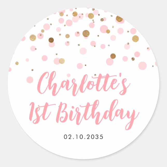 Cute Pink Gold Glitter Confetti Dots Kids Birthday Classic Round Sticker (Front)
