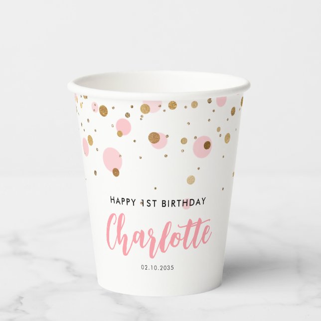 Cute Pink Gold Glitter Confetti Dots Kids Birthday Paper Cups (Front)