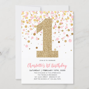 Cute Pink Gold Glitter Confetti Girl 1st Birthday Invitation