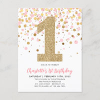 Cute Pink Gold Glitter Confetti Girl 1st Birthday