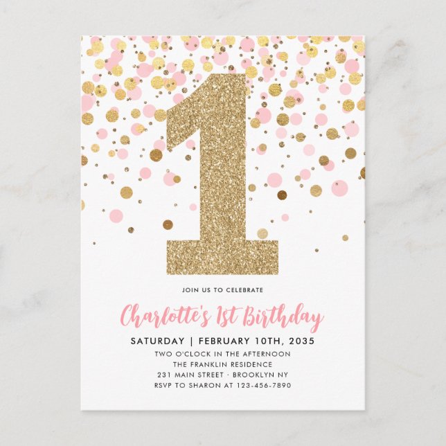 Cute Pink Gold Glitter Confetti Girl 1st Birthday Postcard (Front)
