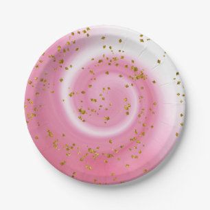 Cute Pink & Gold Glitter Ombre Kids Birthday Party Paper Plate