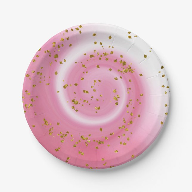 Cute Pink & Gold Glitter Ombre Kids Birthday Party Paper Plate (Front)