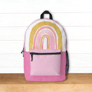 Cute Pink Gold Glitter Rainbow w/ Name Kids Printed Backpack