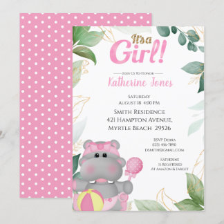Cute Pink Gold Hippo Baby Shower Invitation